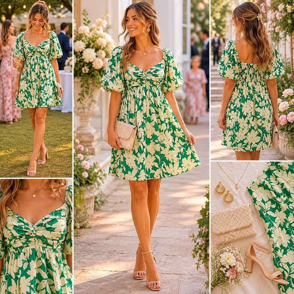 Trixxi‎ Green Floral Mini Dress Puff Sleeves Large Wedding Guest Party Garden